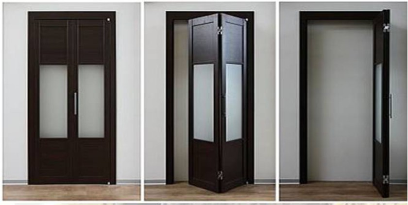 Шпонированные двери гармошка с матовыми стеклянными вставками Барановичи
