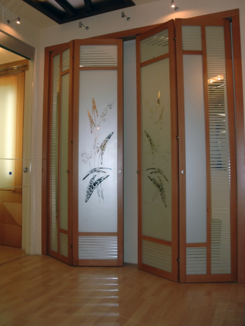 Широкие двери гармошка с матовым стеклом и рисунком Барановичи